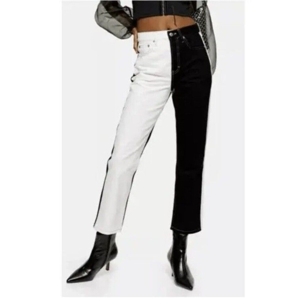 Topshop Editor Color Block Straight Leg Jeans Button Fly Black White Size 25 NWT
